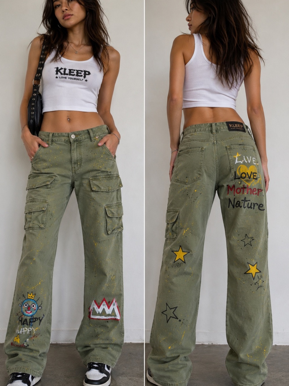 KLEEP Graphic Cargo Pants W30 Olive Green Graffiti Utility Streetwear USA